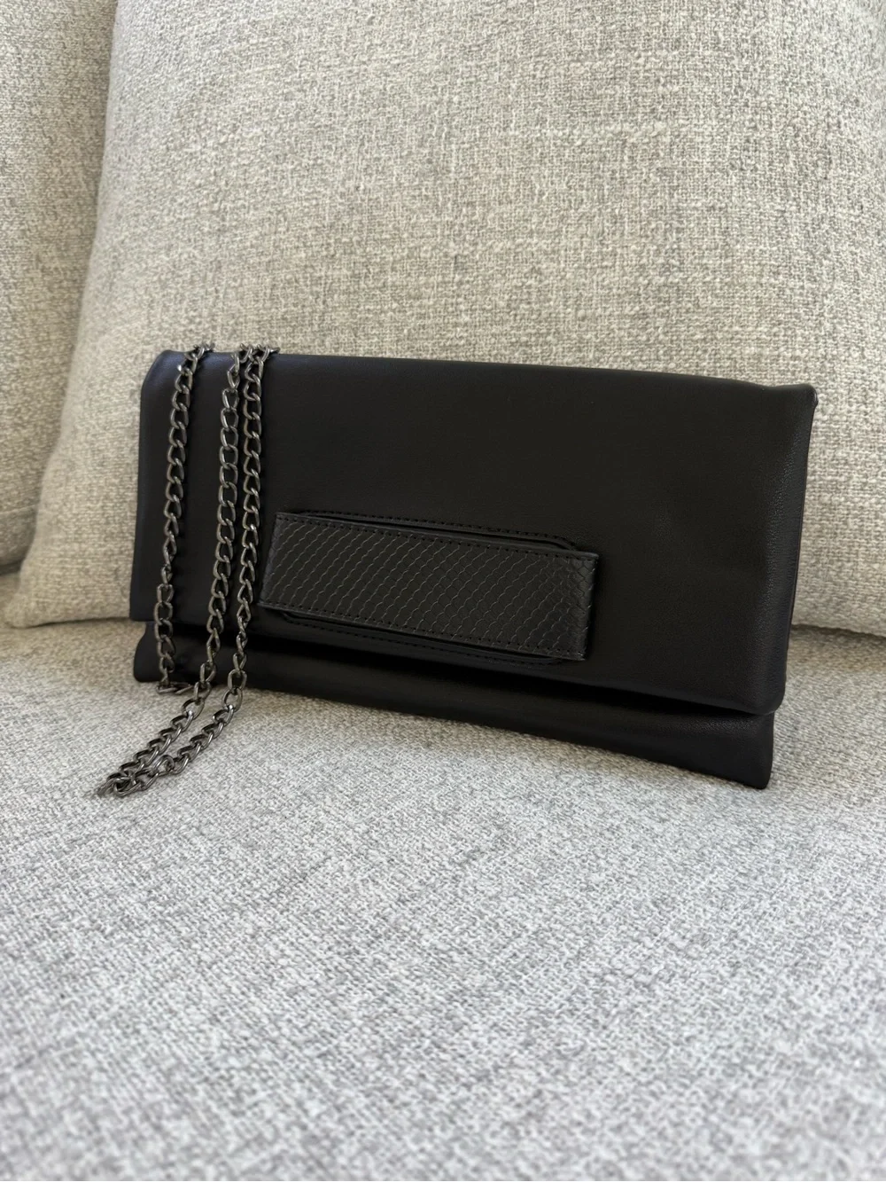 Elegant Black Foldover Chain-Strap Clutch